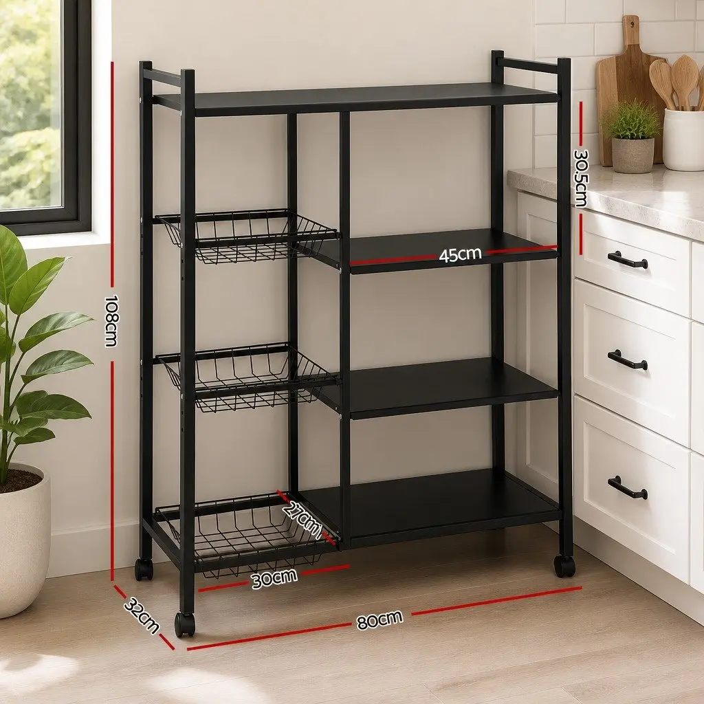 4-Tier Kitchen Storage Shelf Dark Grey with Lockable Wheels and Adjustable Heights