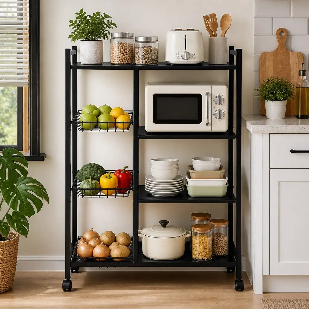 4-Tier Kitchen Storage Shelf Dark Grey with Lockable Wheels and Adjustable Heights