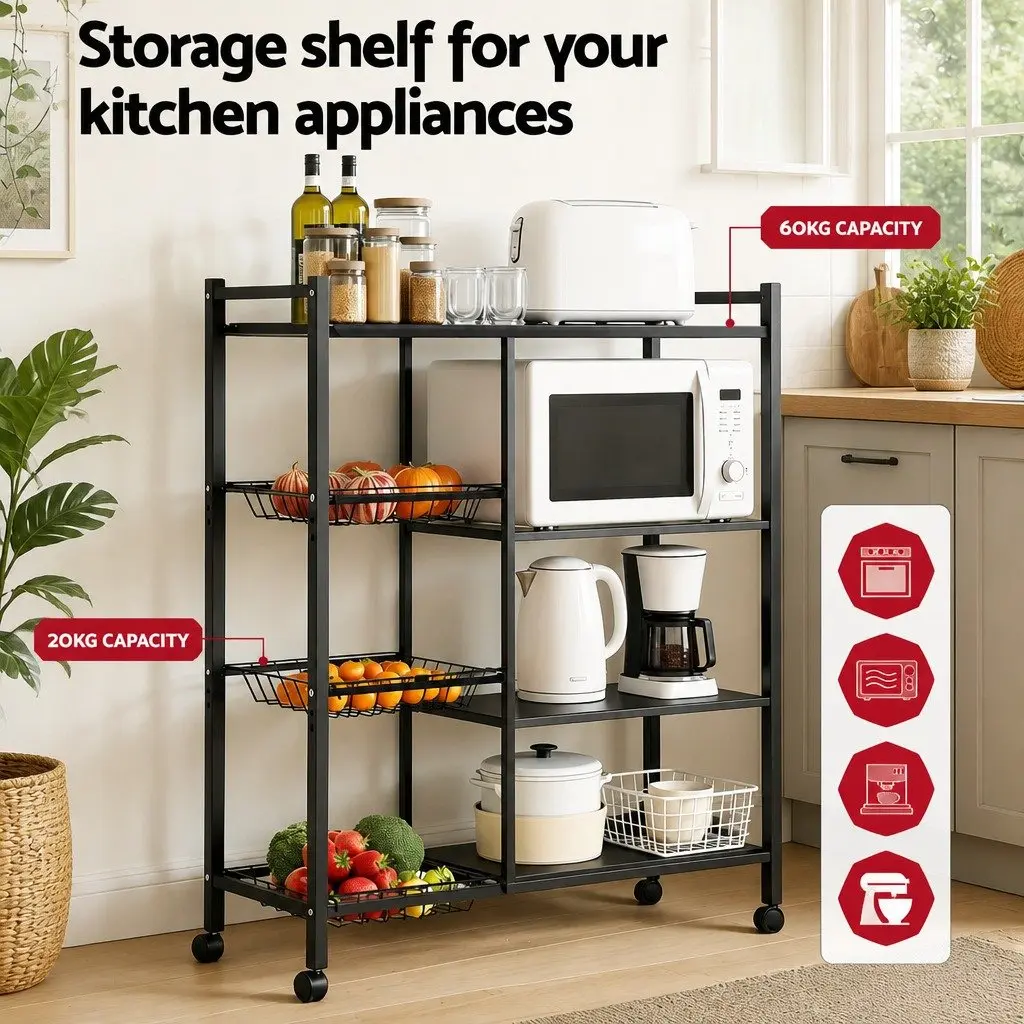 4-Tier Kitchen Storage Shelf Dark Grey with Lockable Wheels and Adjustable Heights
