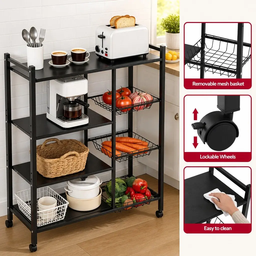 4-Tier Kitchen Storage Shelf Dark Grey with Lockable Wheels and Adjustable Heights