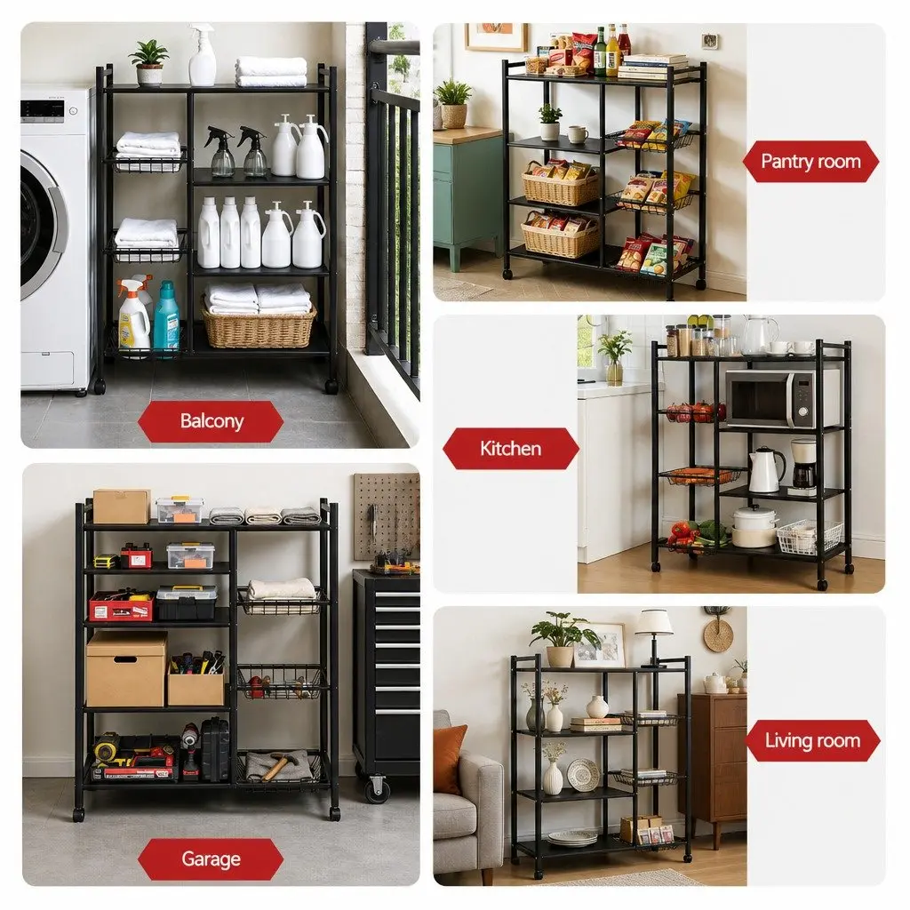4-Tier Kitchen Storage Shelf Dark Grey with Lockable Wheels and Adjustable Heights