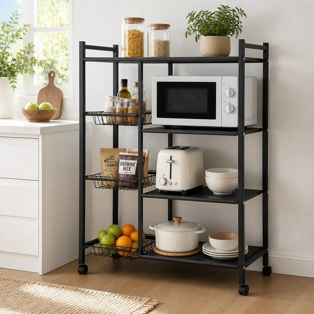 4-Tier Kitchen Storage Shelf Dark Grey with Lockable Wheels and Adjustable Heights