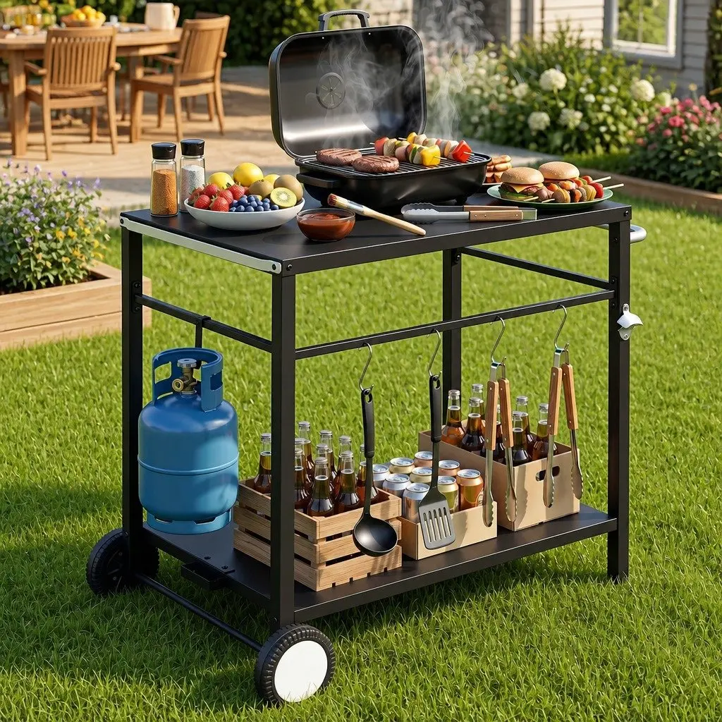Outdoor BBQ Prep Cart Mobile Kitchen Trolley Stainless Steel Work Table 85cm L x 54.5cm W