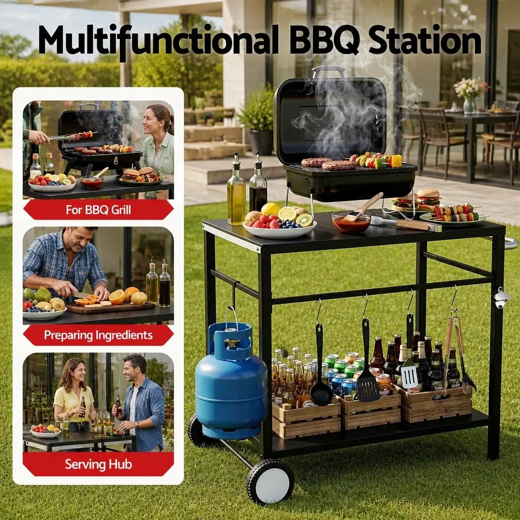 Outdoor BBQ Prep Cart Mobile Kitchen Trolley Stainless Steel Work Table 85cm L x 54.5cm W