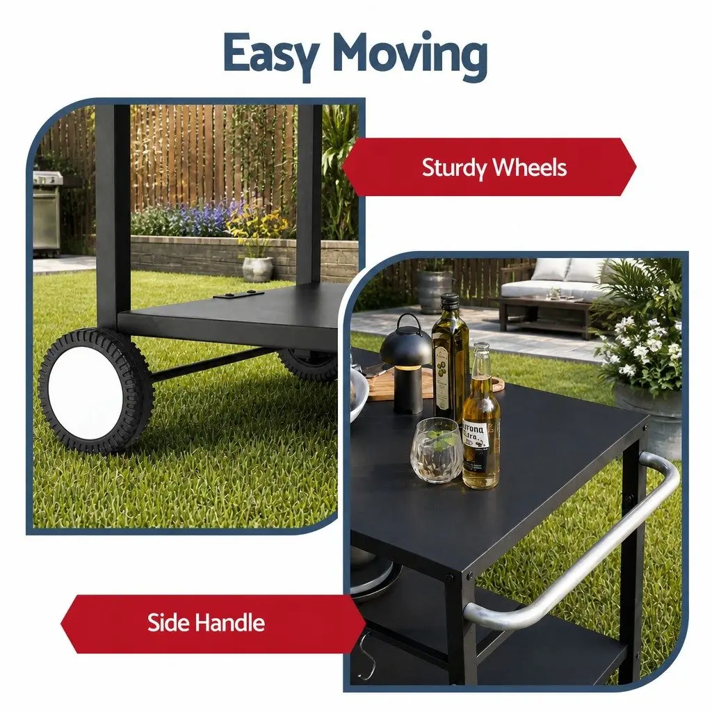 Outdoor BBQ Prep Cart Mobile Kitchen Trolley Stainless Steel Work Table 85cm L x 54.5cm W
