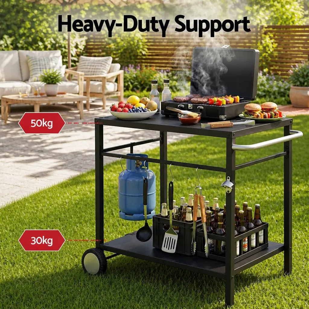 Outdoor BBQ Prep Cart Mobile Kitchen Trolley Stainless Steel Work Table 85cm L x 54.5cm W