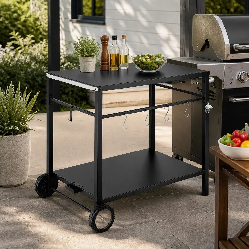 Outdoor BBQ Prep Cart Mobile Kitchen Trolley Stainless Steel Work Table 85cm L x 54.5cm W