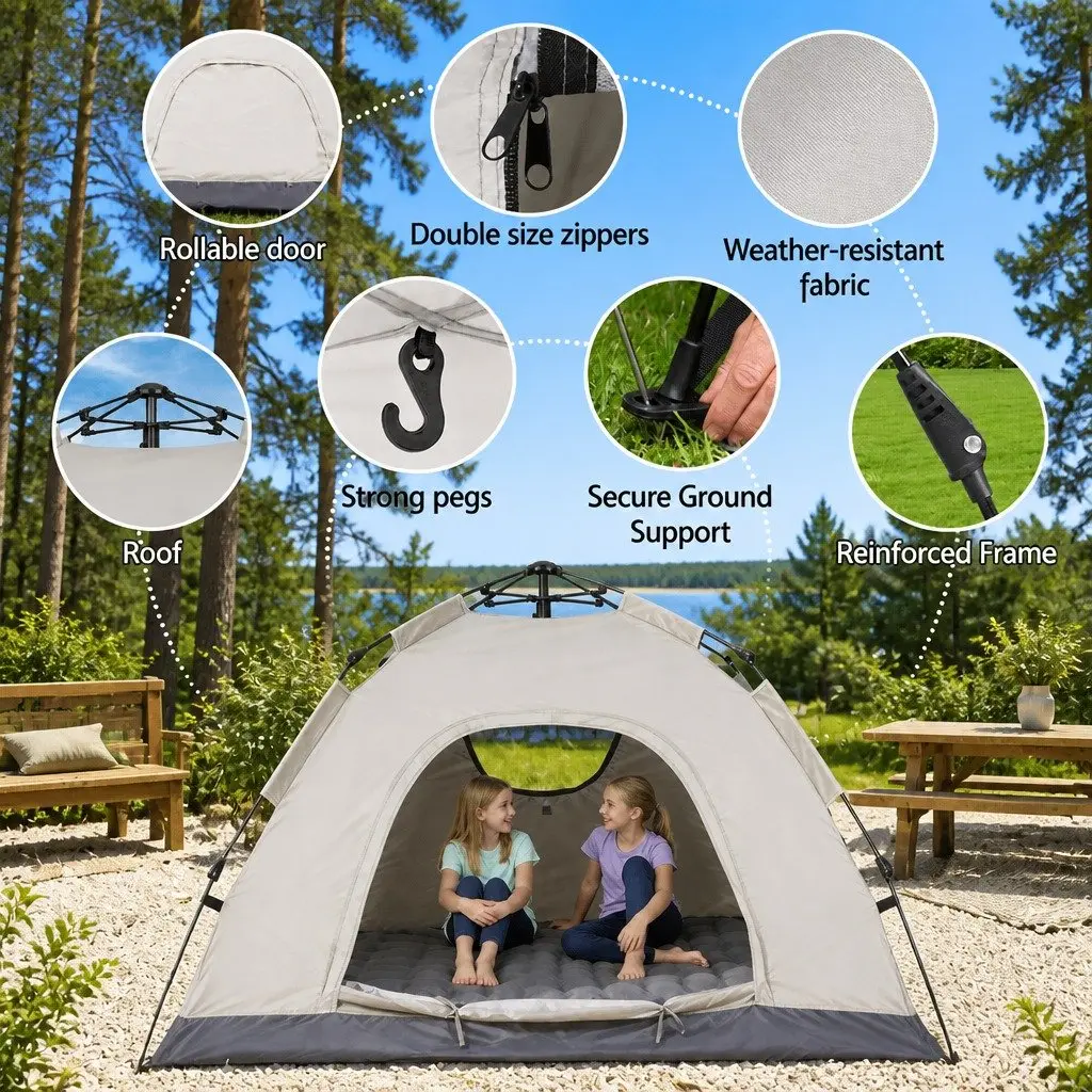 Camping Tent Pop Up 2 Person Instant Auto Setup Outdoor Hiking Beige
