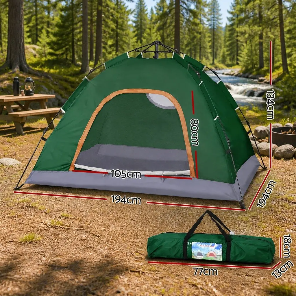 Camping Tent 2–3 Person Auto Pop Up Instant Setup Outdoor Hiking Green