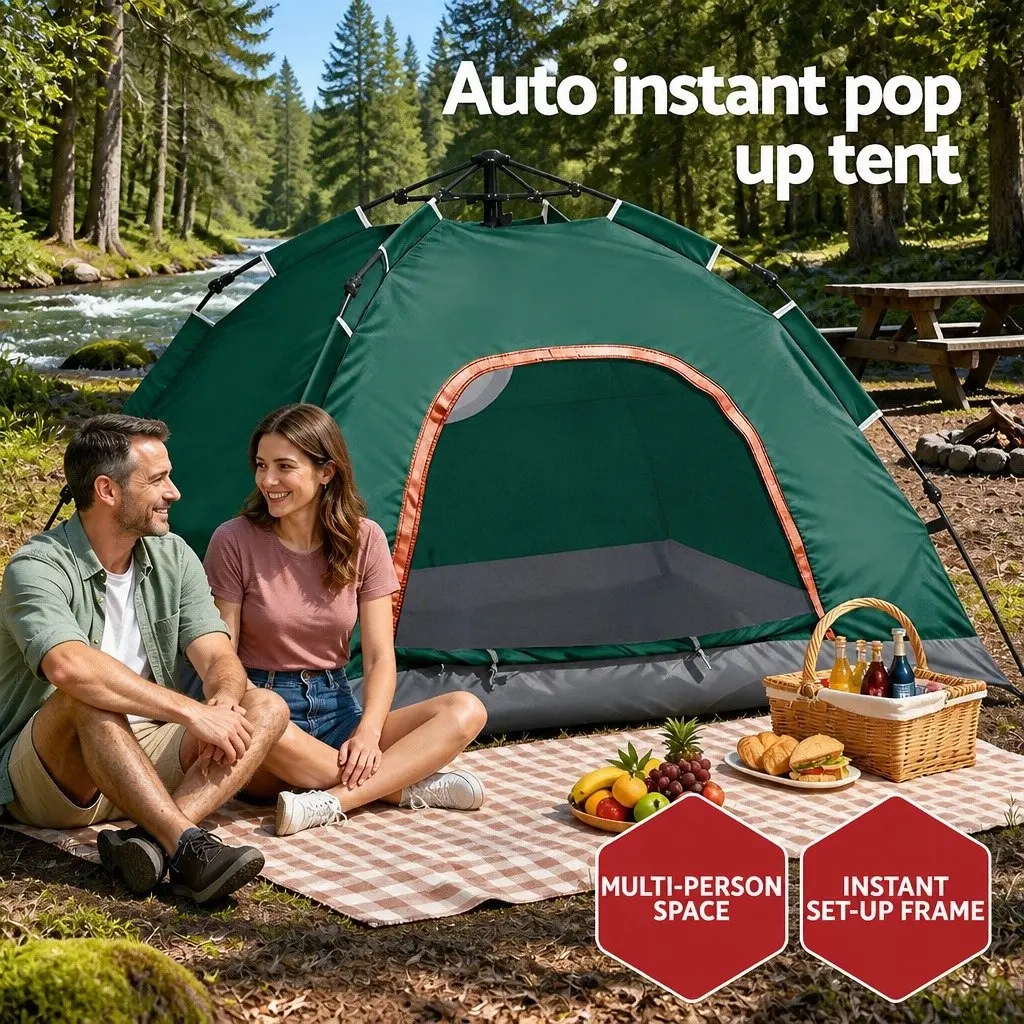 Camping Tent 2–3 Person Auto Pop Up Instant Setup Outdoor Hiking Green