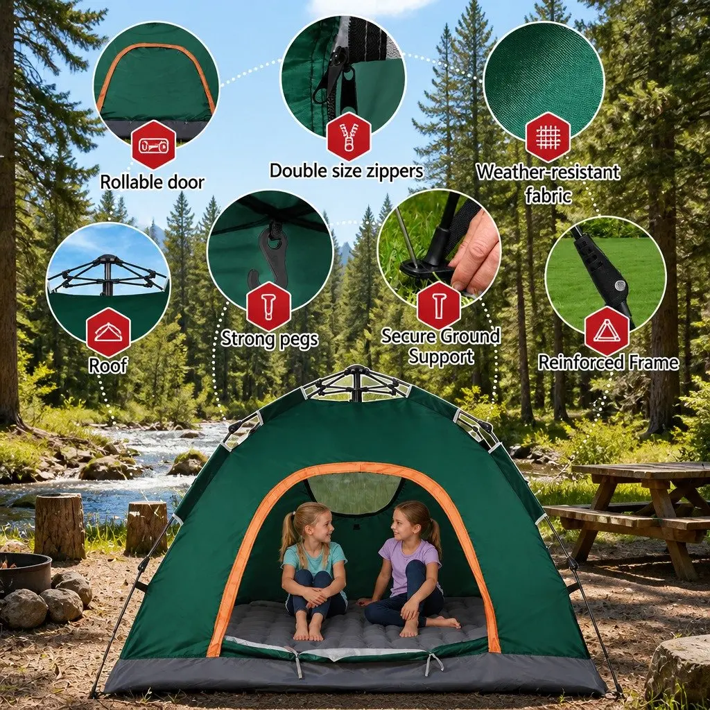 Camping Tent 2–3 Person Auto Pop Up Instant Setup Outdoor Hiking Green
