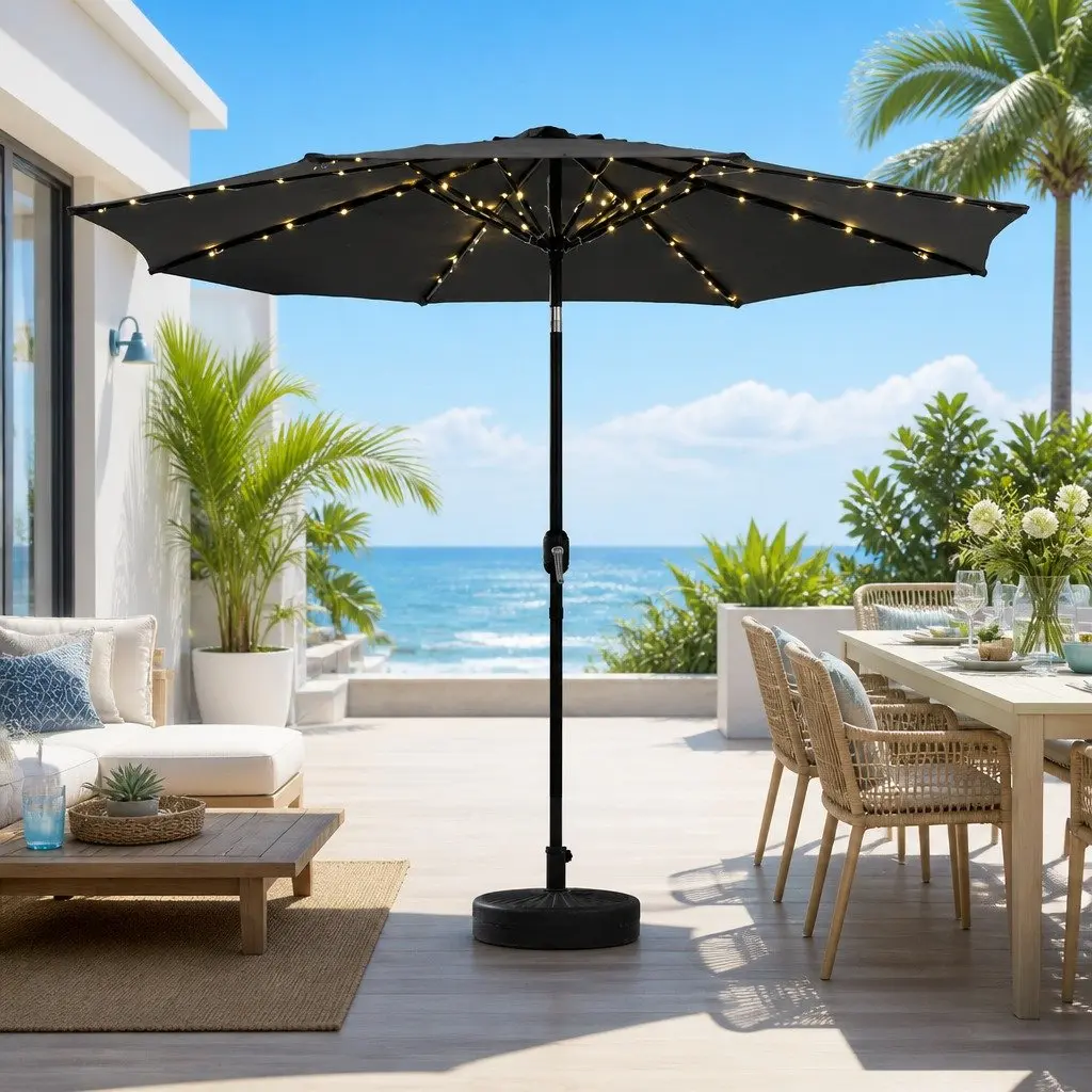 Outdoor Umbrella Charcoal 2.9m Octagonal Canopy LED String Light Adjustable Tilt