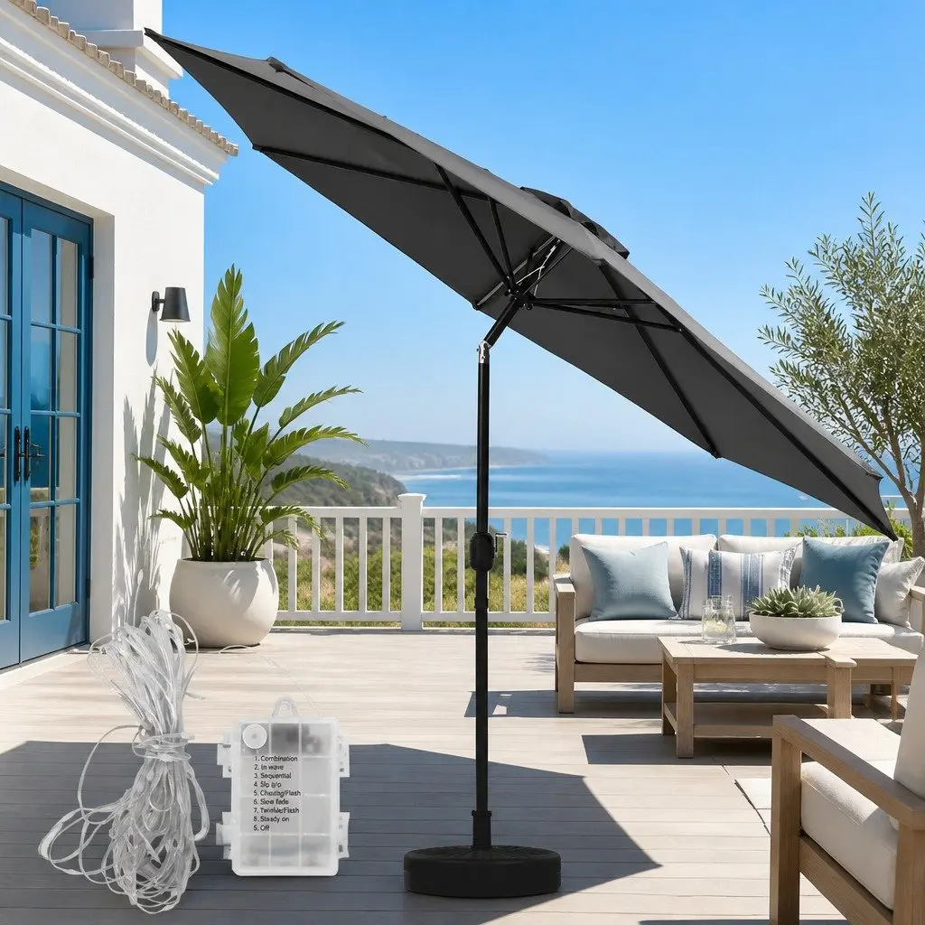 Outdoor Umbrella Charcoal 2.9m Octagonal Canopy LED String Light Adjustable Tilt