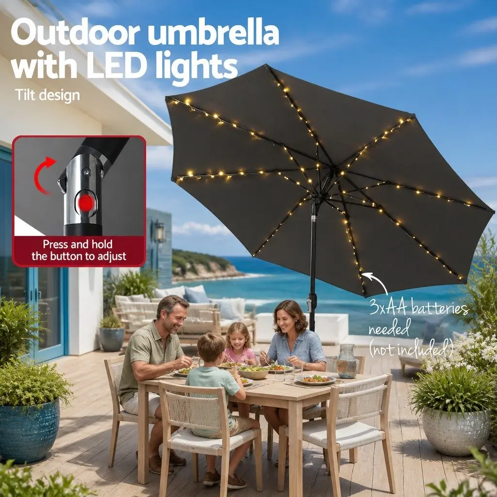 Outdoor Umbrella Charcoal 2.9m Octagonal Canopy LED String Light Adjustable Tilt