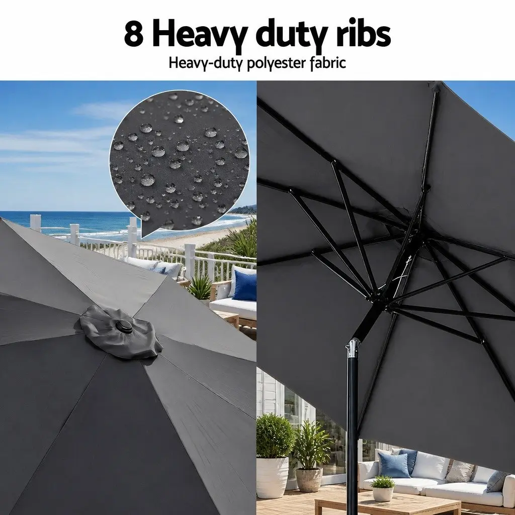 Outdoor Umbrella Charcoal 2.9m Octagonal Canopy LED String Light Adjustable Tilt