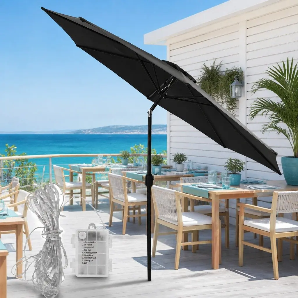 Outdoor Umbrella LED String Lights 2.9m Octagonal Black Patio Garden
