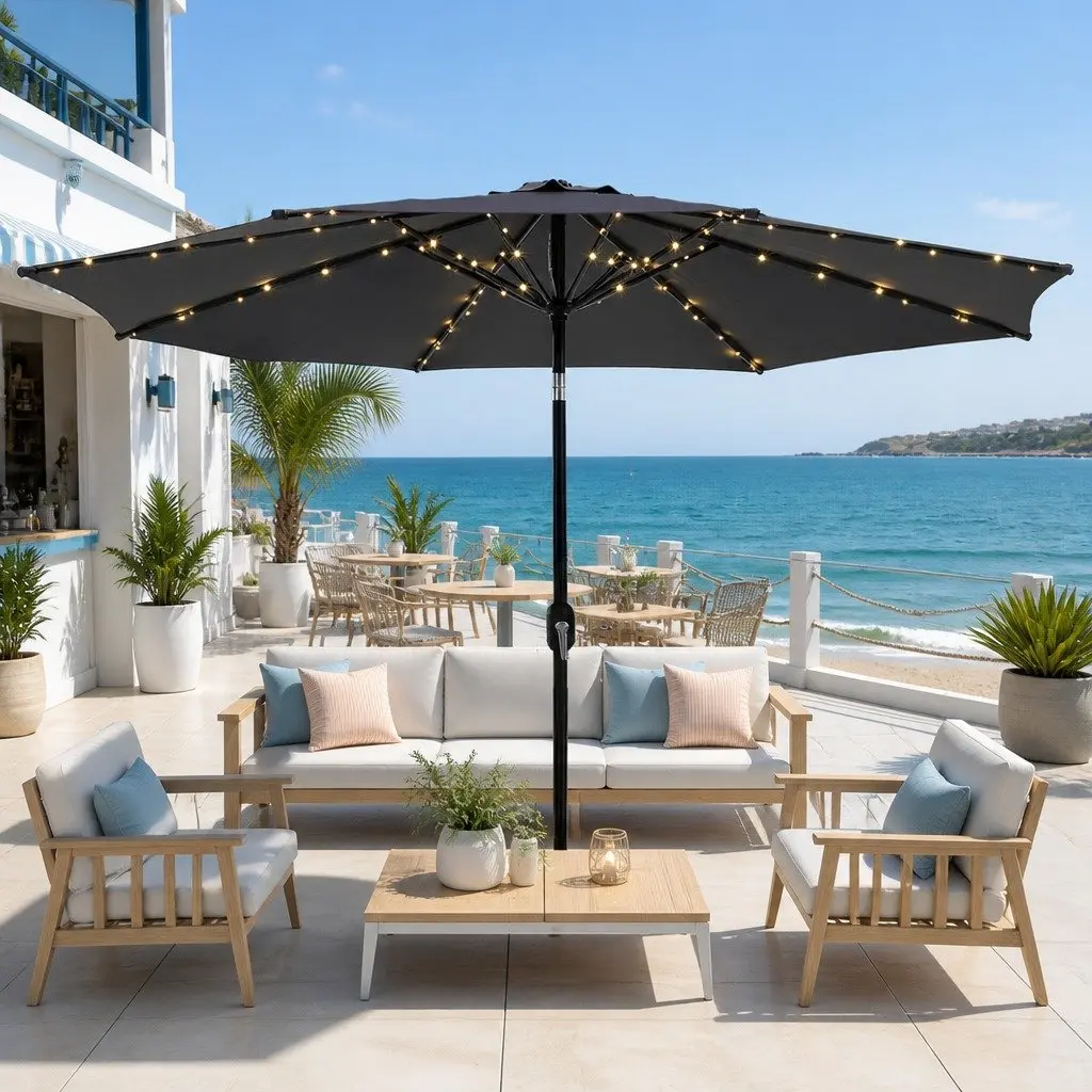 Outdoor Umbrella Charcoal Octagonal Canopy 2.9m with Integrated LED String Lights and Adjustable Tilt Mechanism
