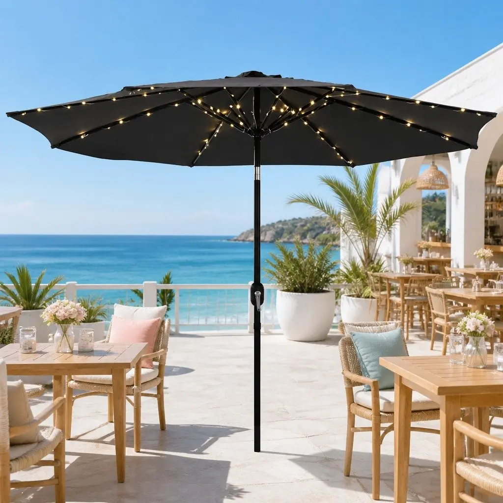 Outdoor Umbrella Charcoal Octagonal Canopy 2.9m with Integrated LED String Lights and Adjustable Tilt Mechanism