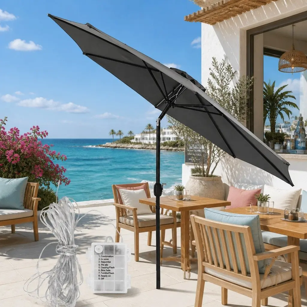 Outdoor Umbrella Charcoal Octagonal Canopy 2.9m with Integrated LED String Lights and Adjustable Tilt Mechanism