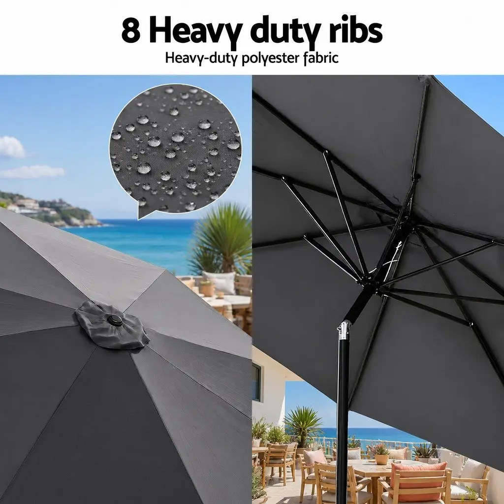 Outdoor Umbrella Charcoal Octagonal Canopy 2.9m with Integrated LED String Lights and Adjustable Tilt Mechanism