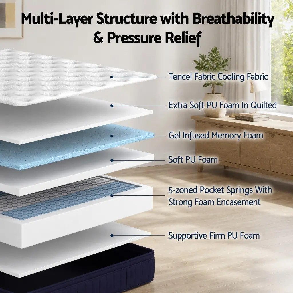 King Single Mattress 34cm Soft Medium Pocket Spring Tencel Gel Memory Foam