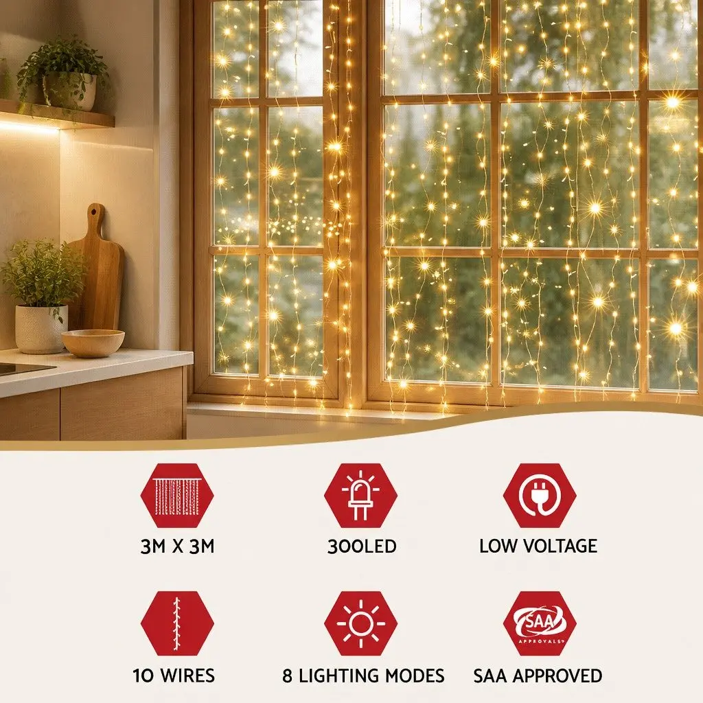 Curtain String Lights Warm White 3M x 3M 300 LED Indoor Outdoor Christmas