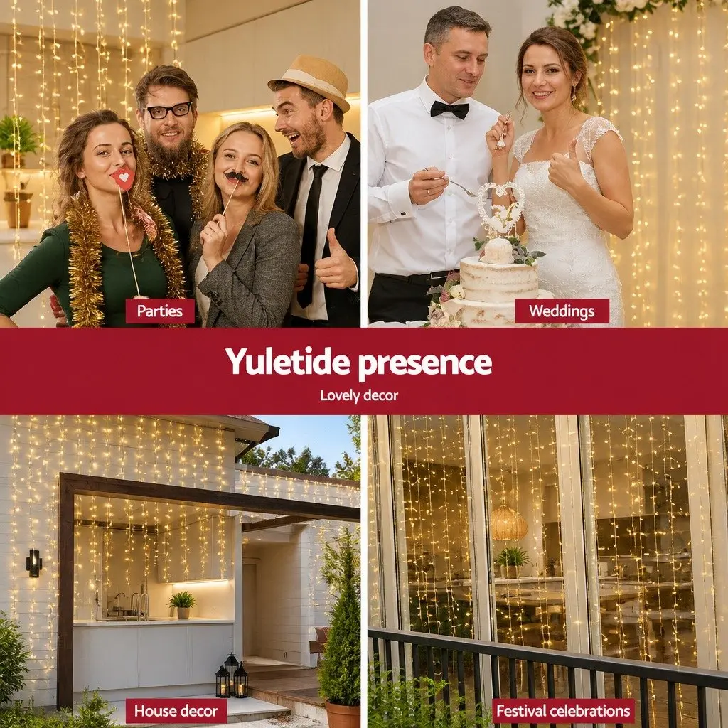 Curtain String Lights Warm White 3M x 3M 300 LED Indoor Outdoor Christmas