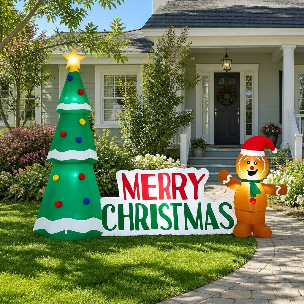 Christmas Inflatable Gingerbread Man and Tree 2.4m with LED Lights
