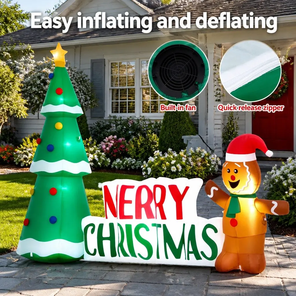 Christmas Inflatable Gingerbread Man and Tree 2.4m with LED Lights