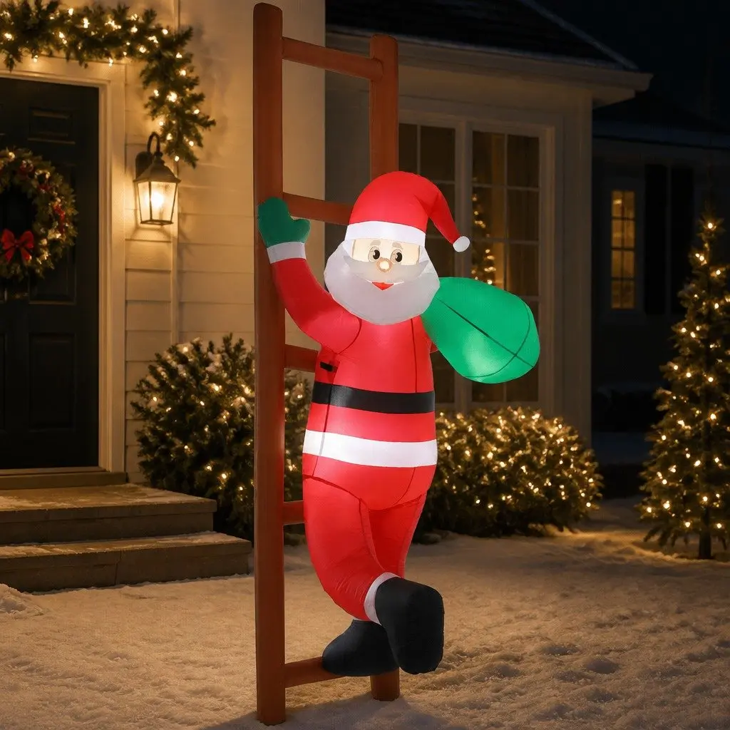 Christmas Inflatable Santa Climbing Ladder 2.45M LED Illuminated Outdoor Indoor
