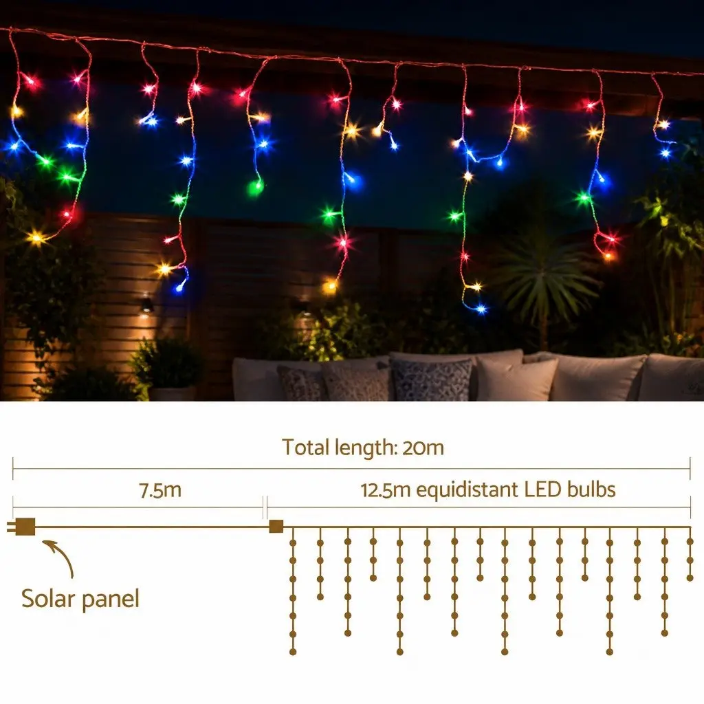Solar Icicle String Lights Multicoloured 12.5M 100 Drops Outdoor Christmas