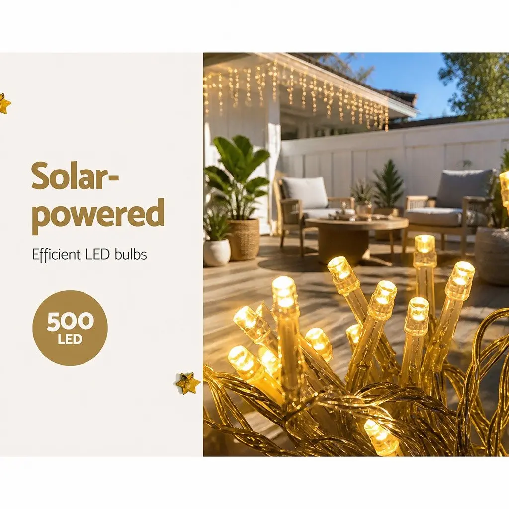 Solar Icicle String Lights Warm White LED 12.5M 100 Drops