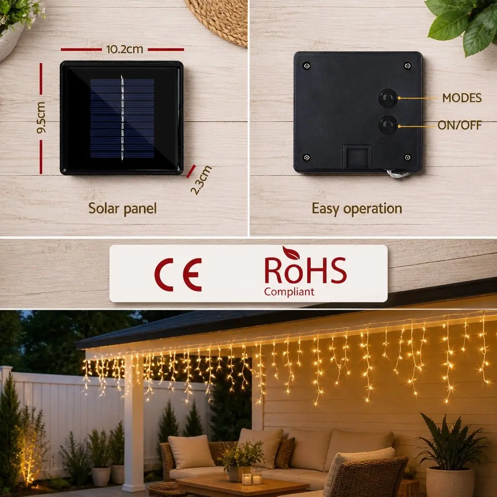 Solar Icicle String Lights Warm White LED 12.5M 100 Drops