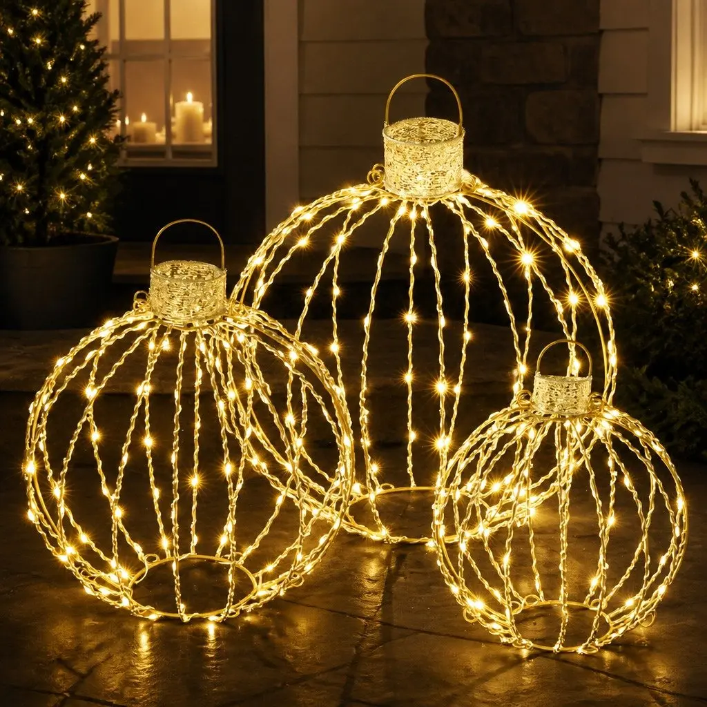 Christmas Light Set 320 LED Lights 3 Ball Decorations Outdoor Indoor Gold