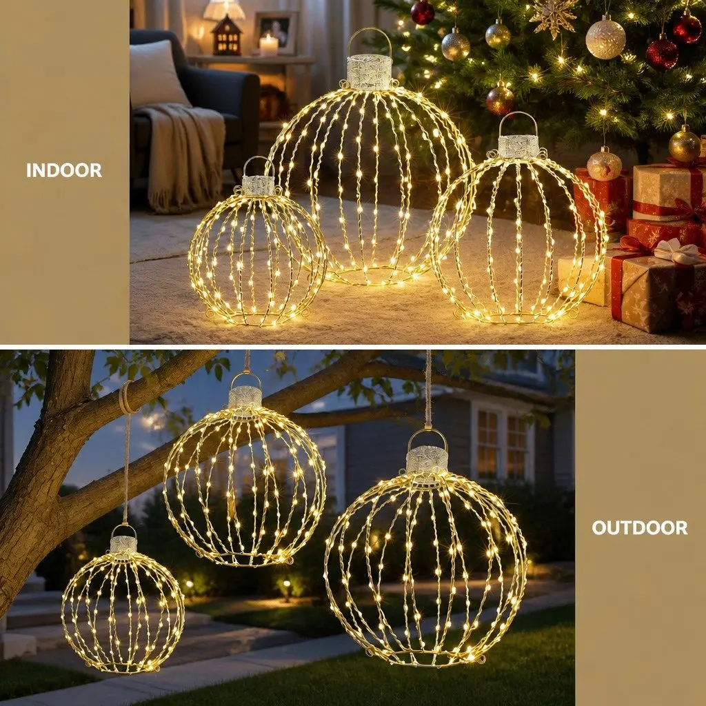 Christmas Light Set 320 LED Lights 3 Decorative Ball Designs Gold