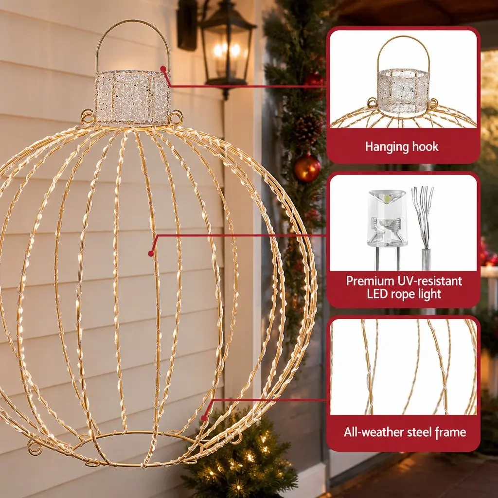 Christmas Light Set 320 LED Lights 3 Decorative Ball Designs Gold