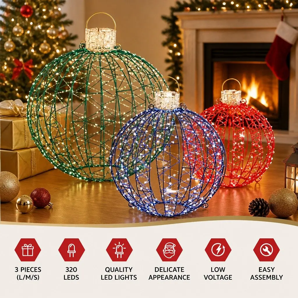 Christmas Lights 320 LED RGB Light 3 Ball Decorations Set Large Medium Small