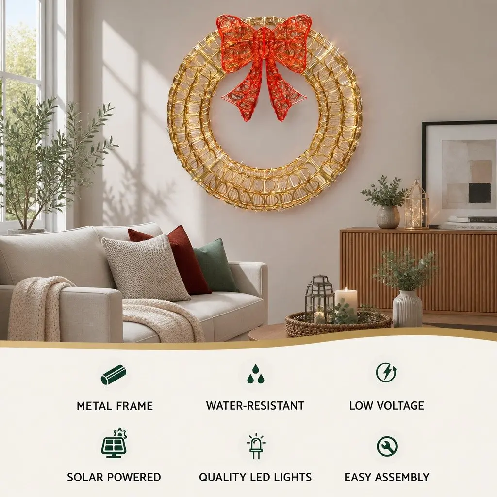LED Christmas Wreath Solar Powered 0.6M 160 Warm White Lights Outdoor Decoration