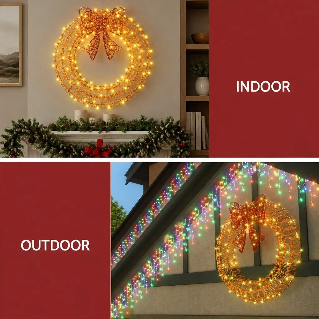 LED Christmas Wreath Solar Powered 0.6M 160 Warm White Lights Outdoor Decoration