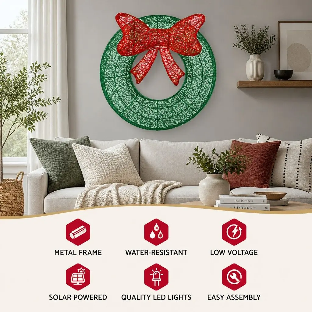 Solar Christmas Wreath Light 60cm Outdoor LED Motif Warm White