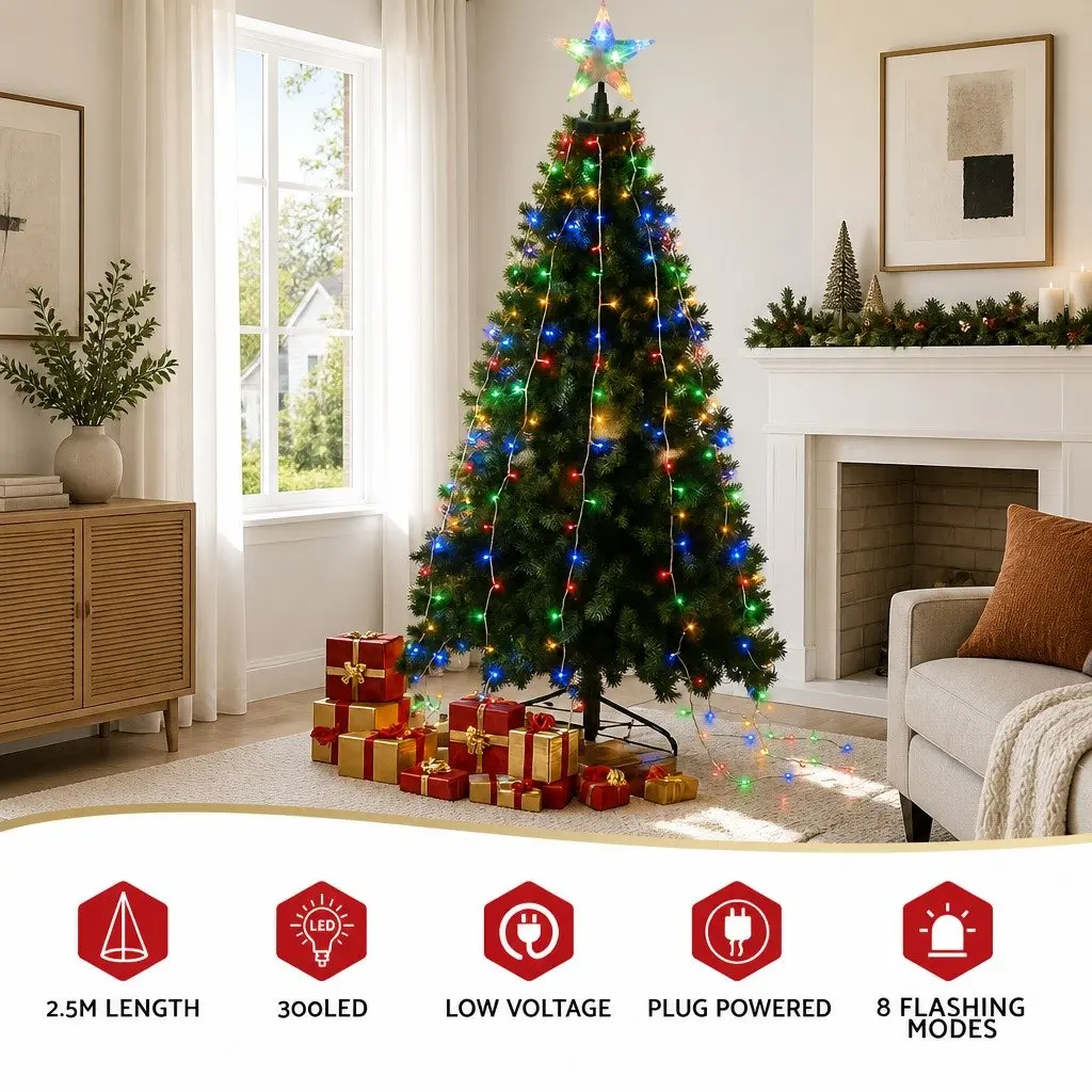 Christmas Waterfall String Lights 2.5M 300 LED Star Topper Outdoor Indoor