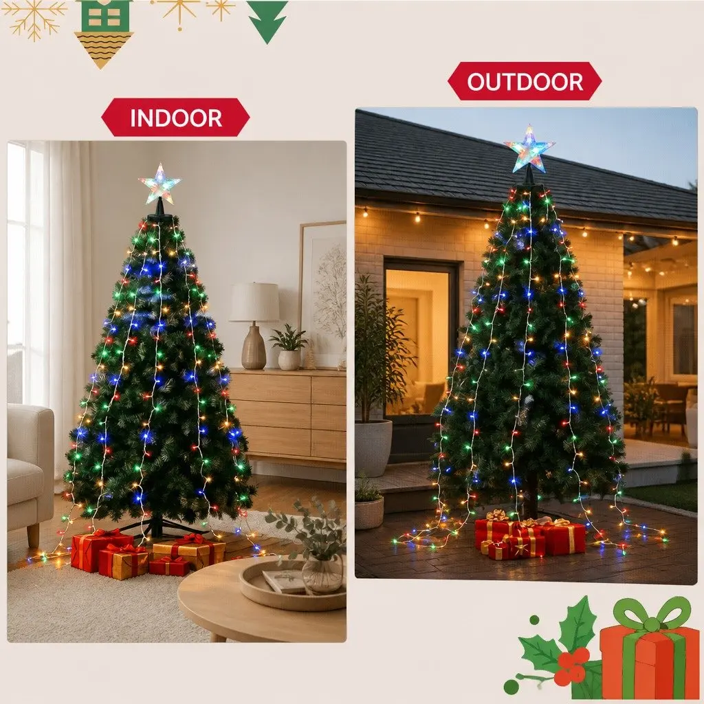 Christmas Waterfall String Lights 2.5M 300 LED Star Topper Outdoor Indoor