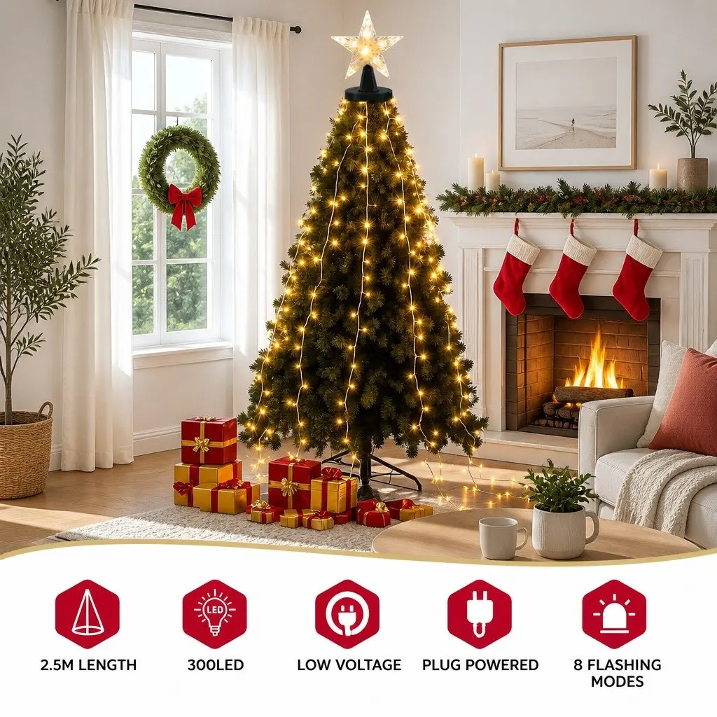 Christmas Waterfall String Lights Star Topper 2.5M 300 LED
