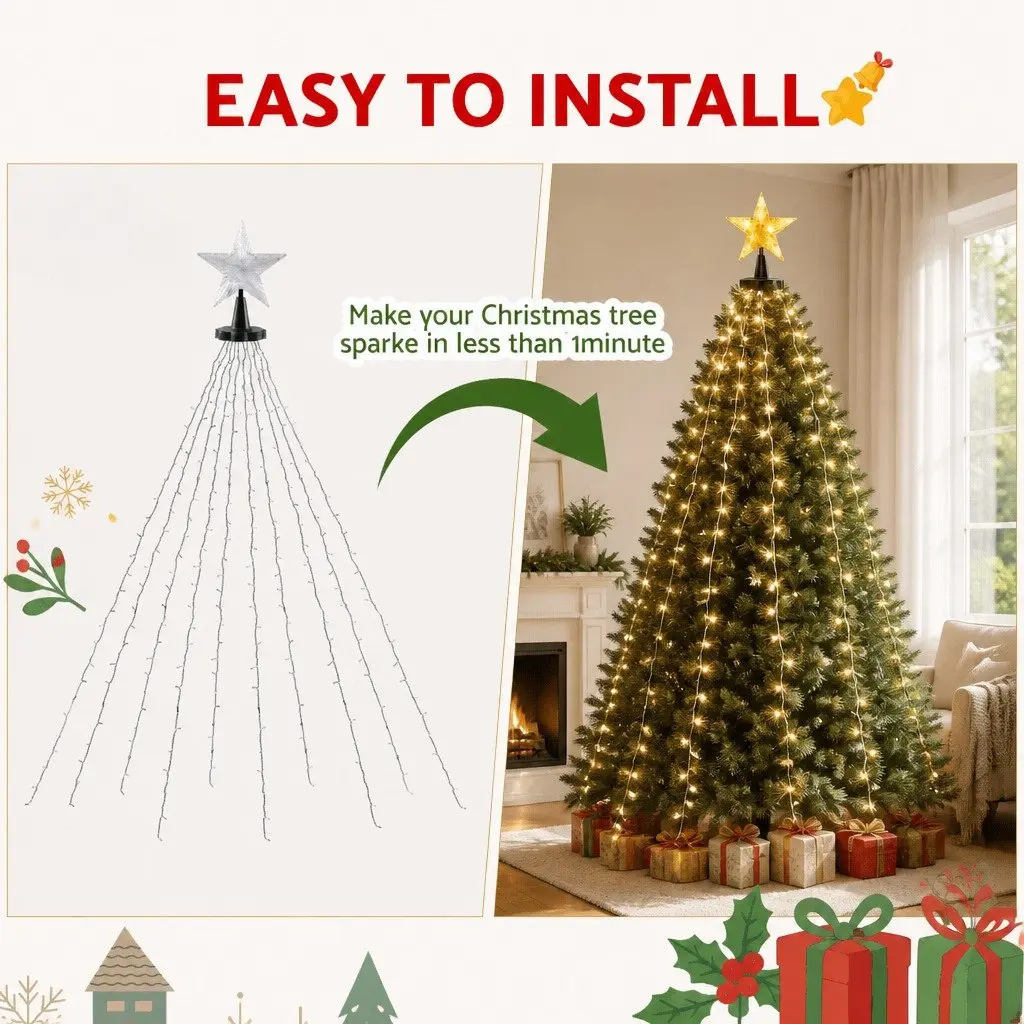 Christmas Waterfall String Lights Star Topper 2.5M 300 LED