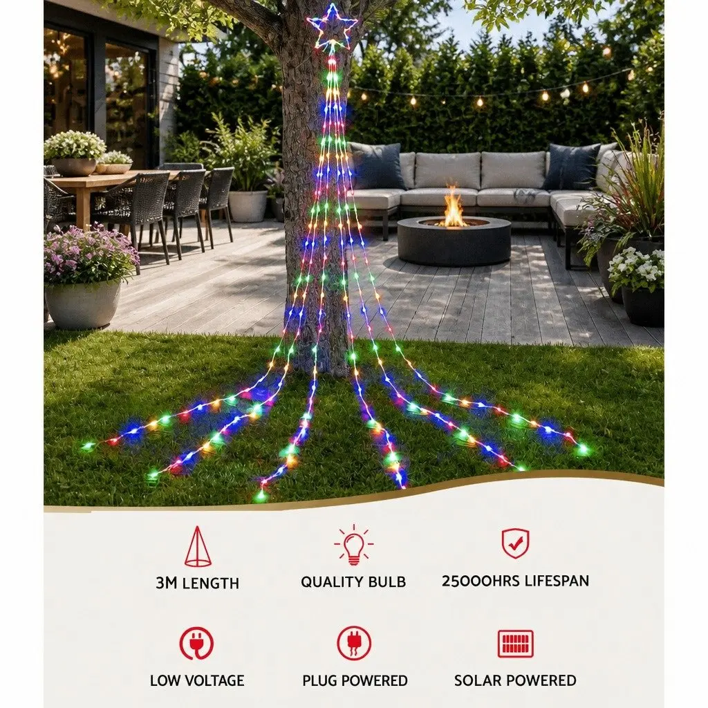 Solar Christmas Lights Cascading 3M 200 LED Multi-Coloured Outdoor