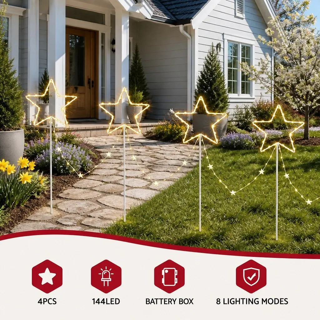 Christmas Lights Ground Light 4 Piece 144 LED Warm White Outdoor Decorations 8 Modes