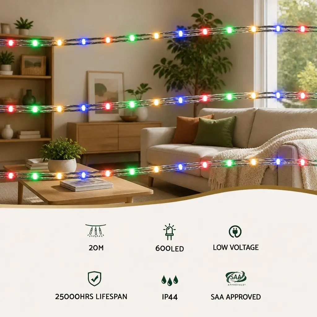 Christmas Rope Lights 20M 600 Multicolour LED String Decorations Indoor Outdoor