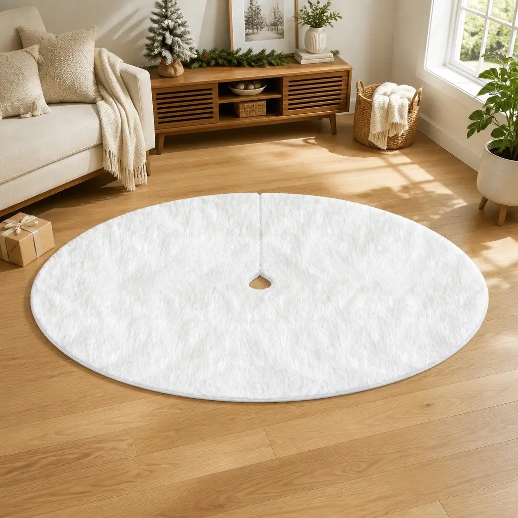 Christmas Tree Skirt Plush White 120cm Fluffy Holiday Decoration