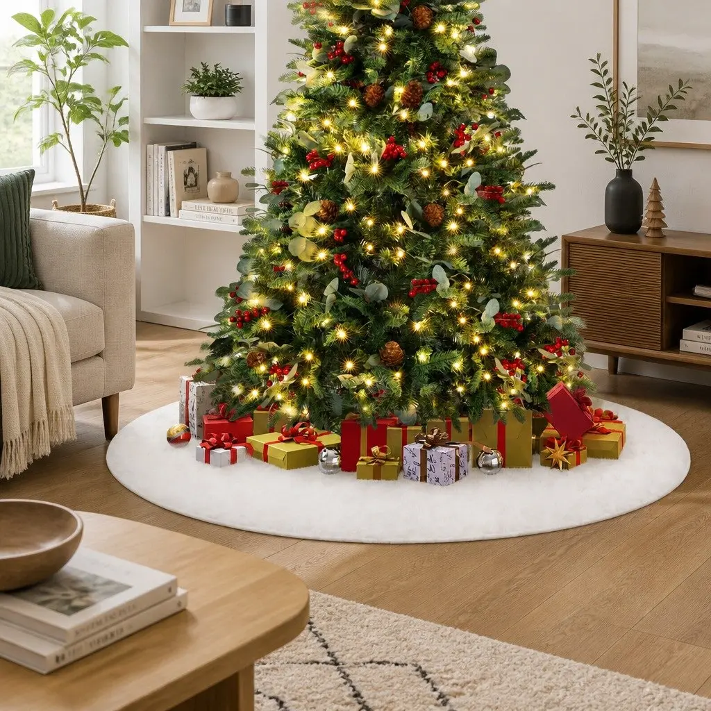 Christmas Tree Skirt Plush White 120cm Fluffy Holiday Decoration