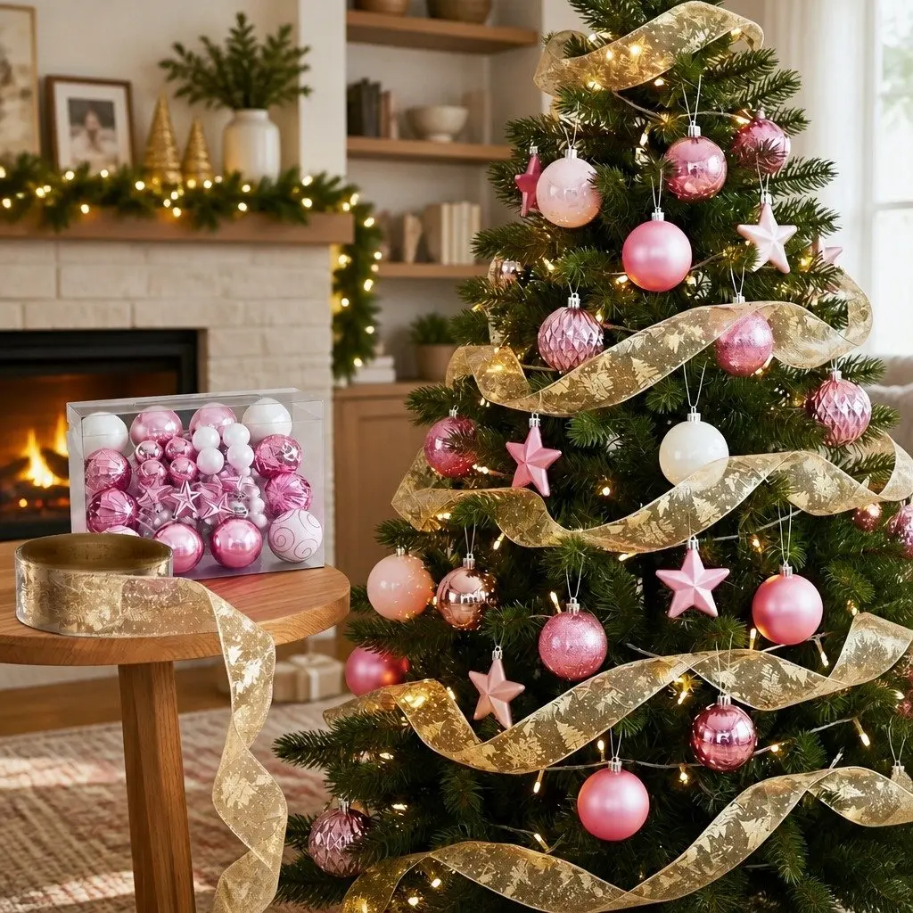 Christmas Tree Decoration Set 34 Piece Gold Pink White Shatterproof Ornaments and Decorative Ribbon